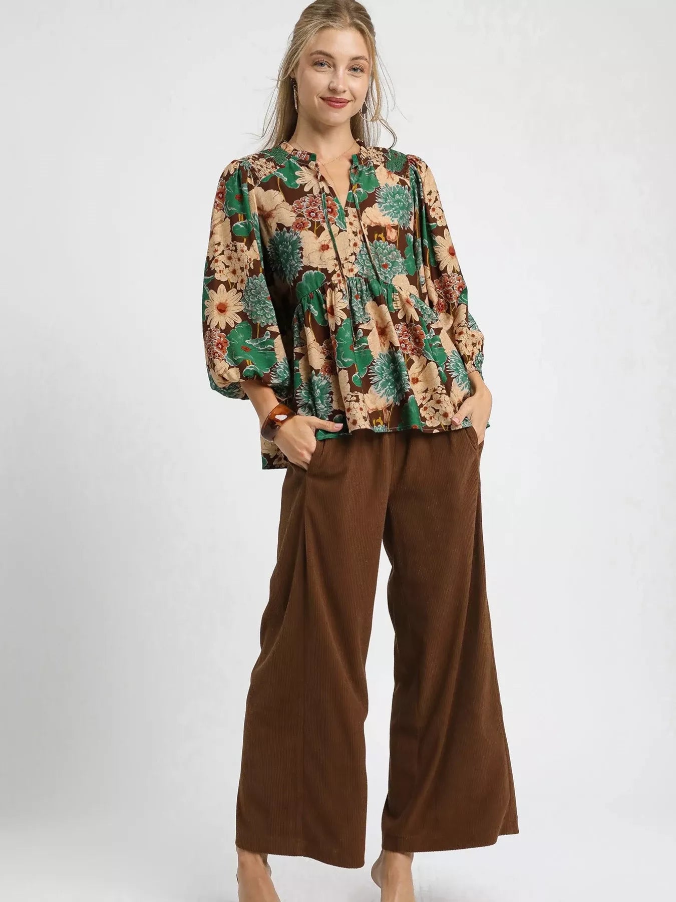 Floral Peplum Blouse with Tie Neck