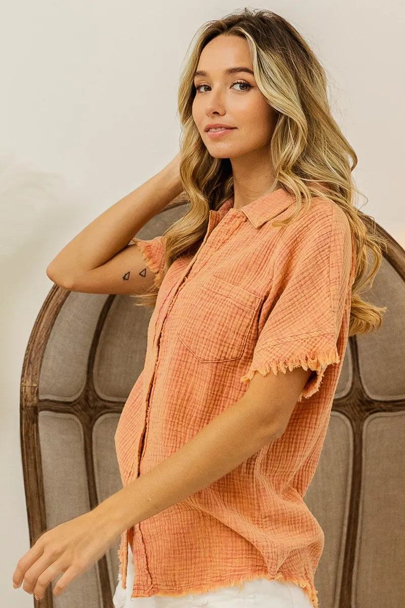 BiBi Mineral Washed Buttoned Up Shirt Top