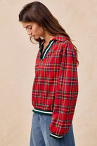 BiBi Christmas Plaid Collared Top with Ruffled Detail