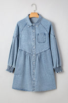 Denim Smocked Cuffs Shirt Mini Dress