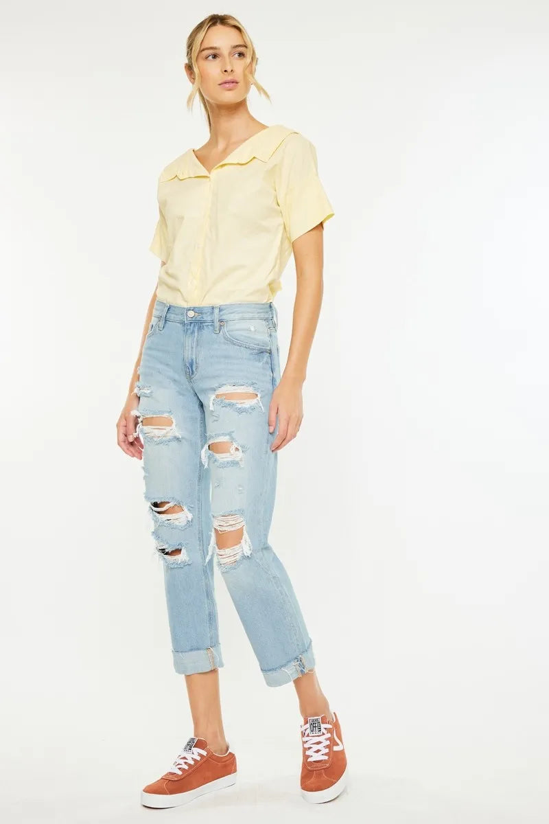 Mid Rise Distressed Boyfriend Jeans