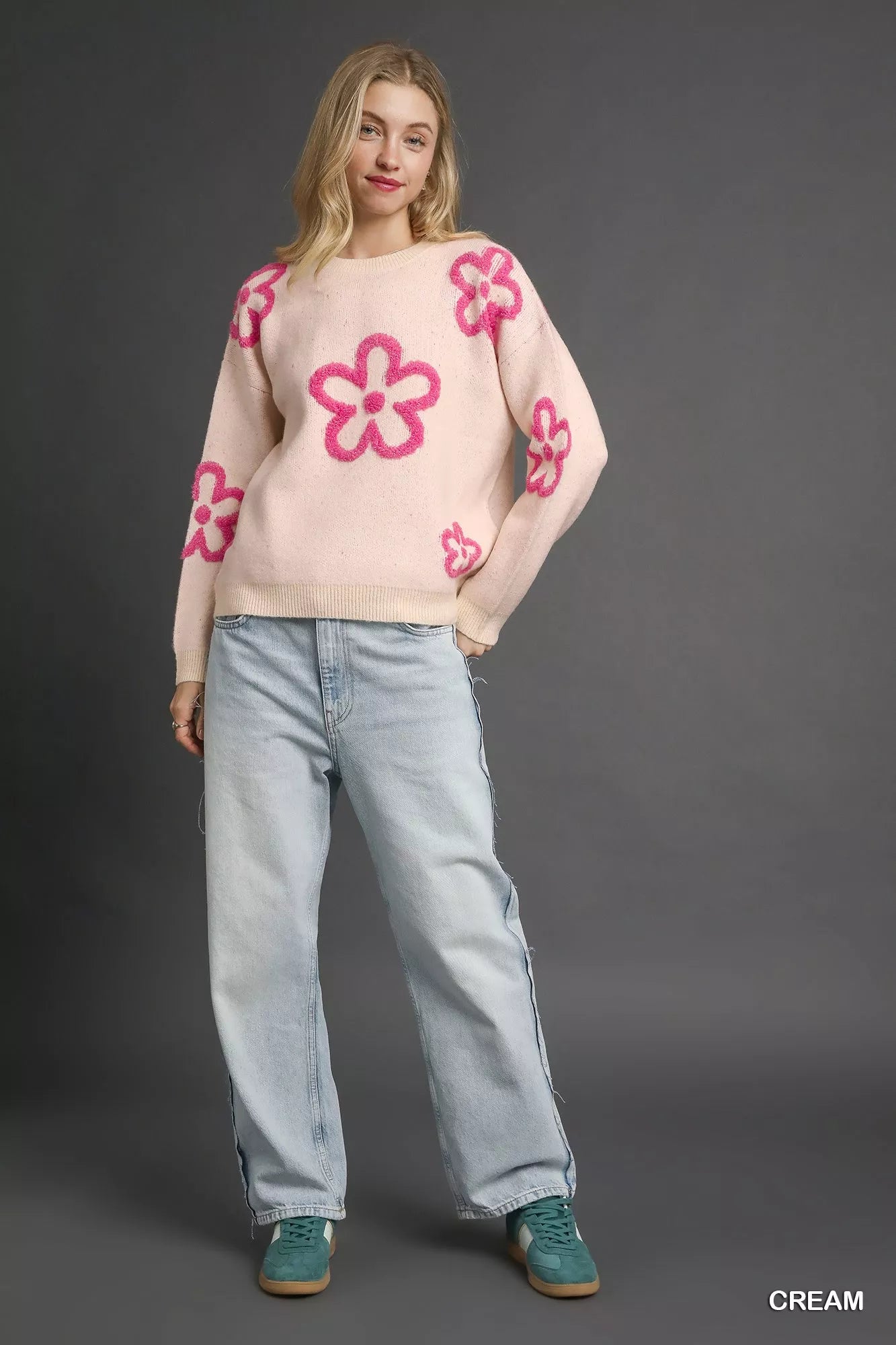 Umgee Round Neck Sweater with Pink Floral Accents