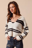 Fuzzy Stripe Deep U-Neck Sweater