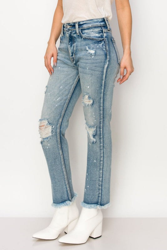 High Rise Distressed Straight Jeans