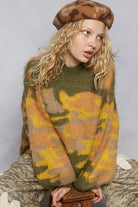 POL Mock Neck Abstract Colorblock Pattern Sweater