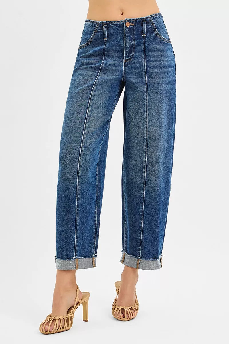 High Rise Fit Barrel Cuffed Jeans