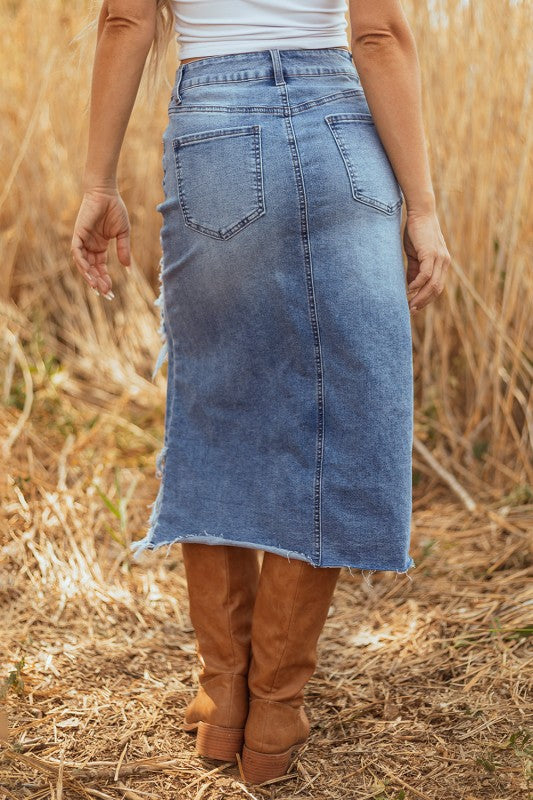 Distressed Denim Midi Skirt