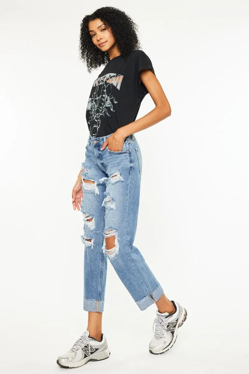 Mid Rise Distressed Boyfriend Fit Jeans