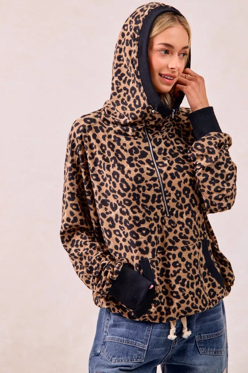 BiBi Leopard Print Waffle Half Zip Up Hoodie W Pocket