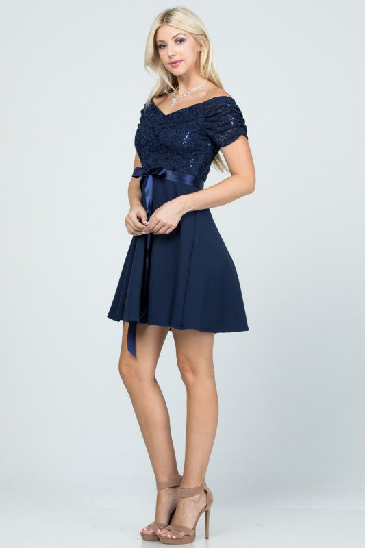 Ruched Off The Shoulder Lace Fit And Flare Dress