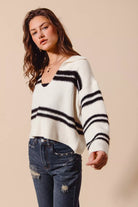 Fuzzy Stripe Deep U-Neck Sweater