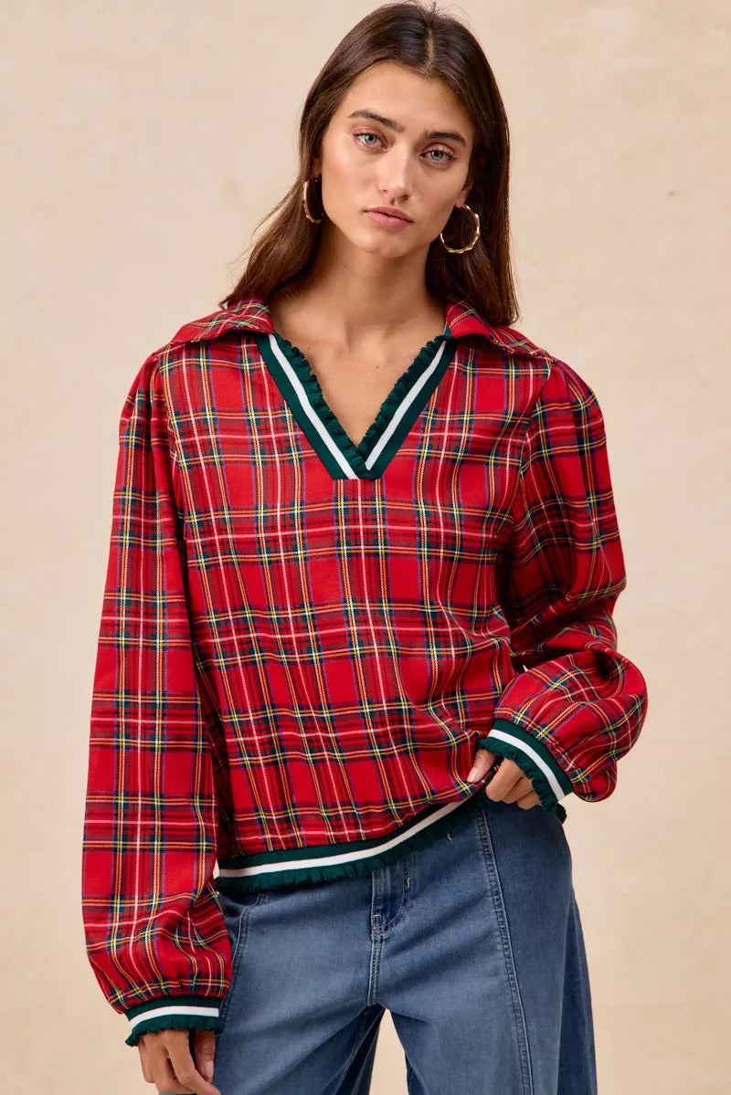 BiBi Christmas Plaid Collared Top with Ruffled Detail