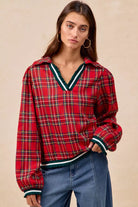 BiBi Christmas Plaid Collared Top with Ruffled Detail