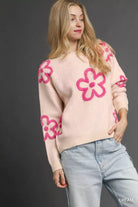 Umgee Round Neck Sweater with Pink Floral Accents