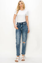 High Rise Stretch Distressed Mom Jeans