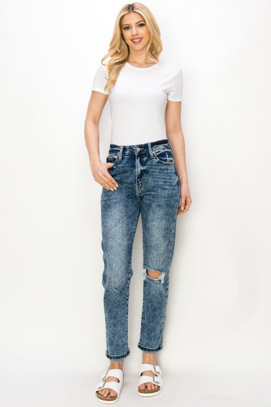 High Rise Stretch Distressed Mom Jeans