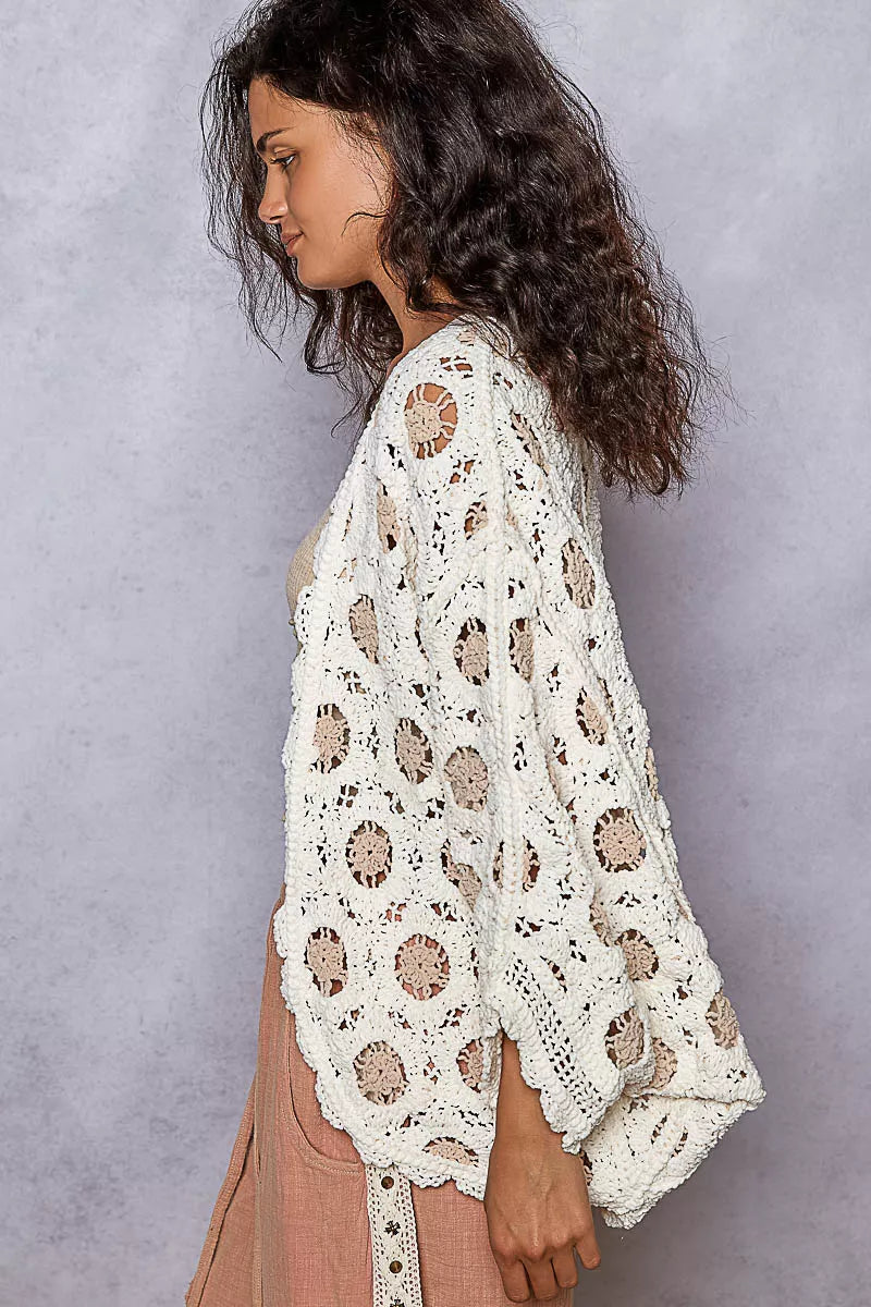 Openwork Chenille Cardigan with Contrast Floral