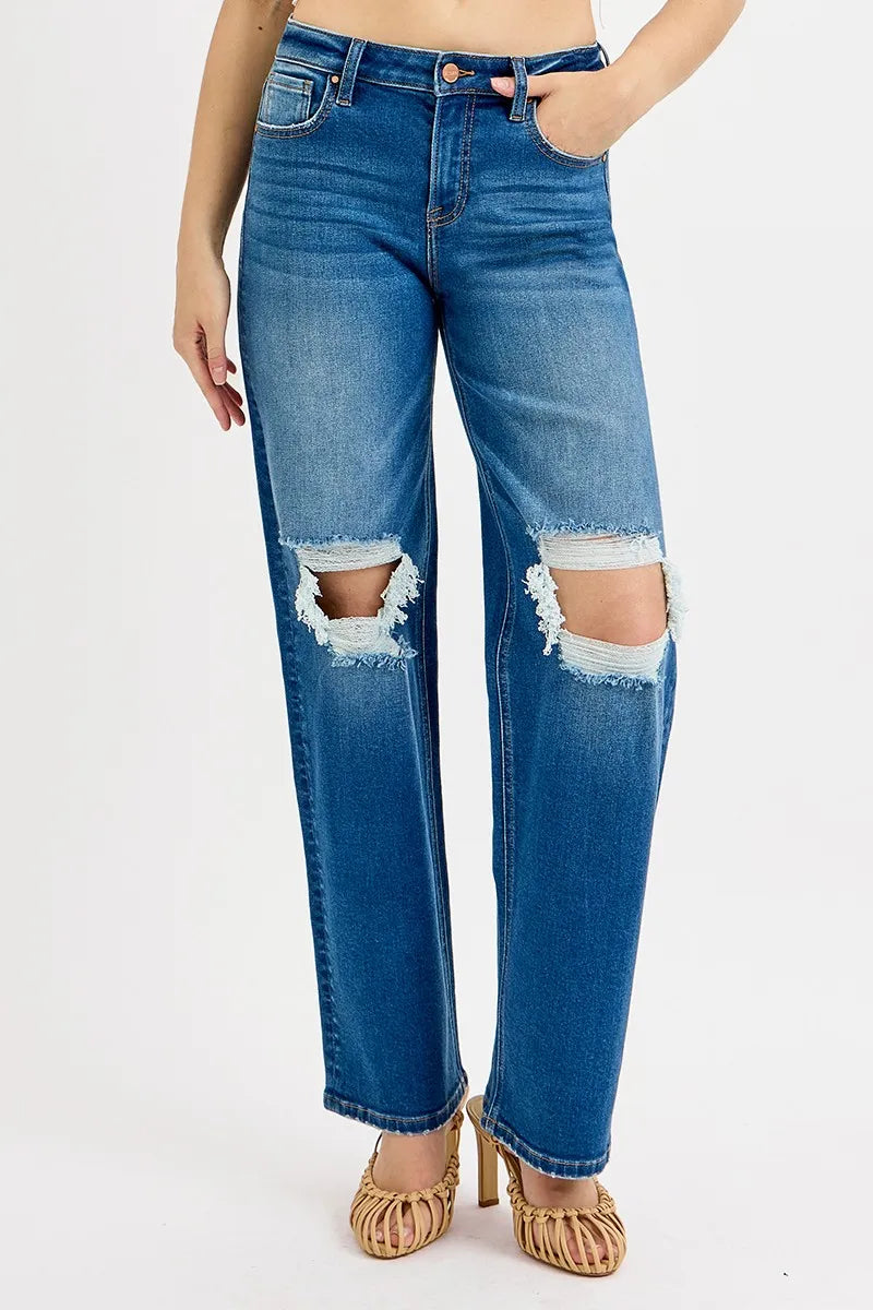 Mid Waist Boyfriend Distressed Jeans