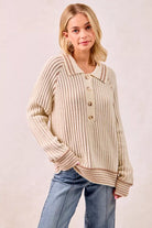 Half Button Ribbed Two Tone Sweater
