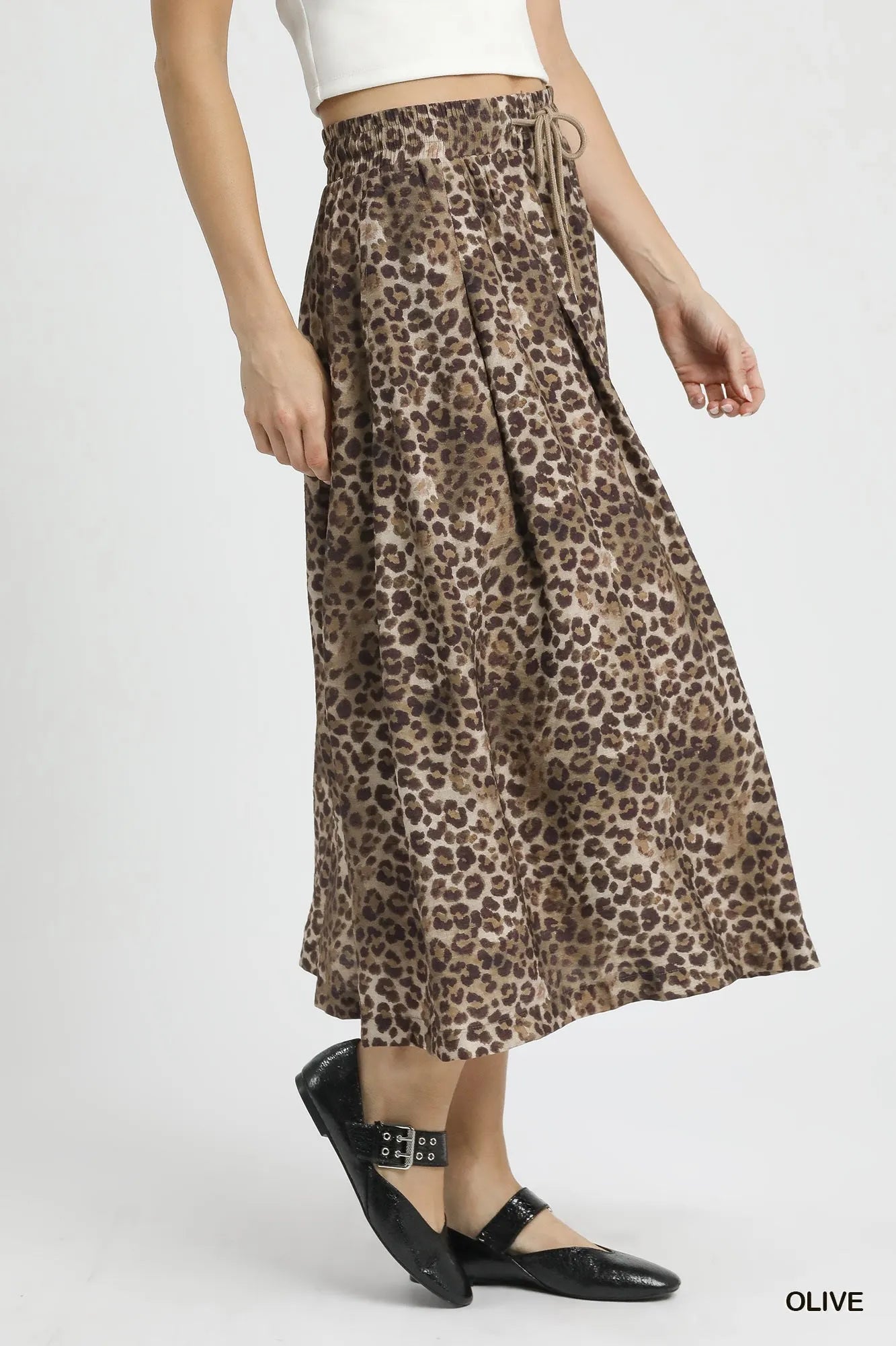 Drawstring Leopard Midi Skirt