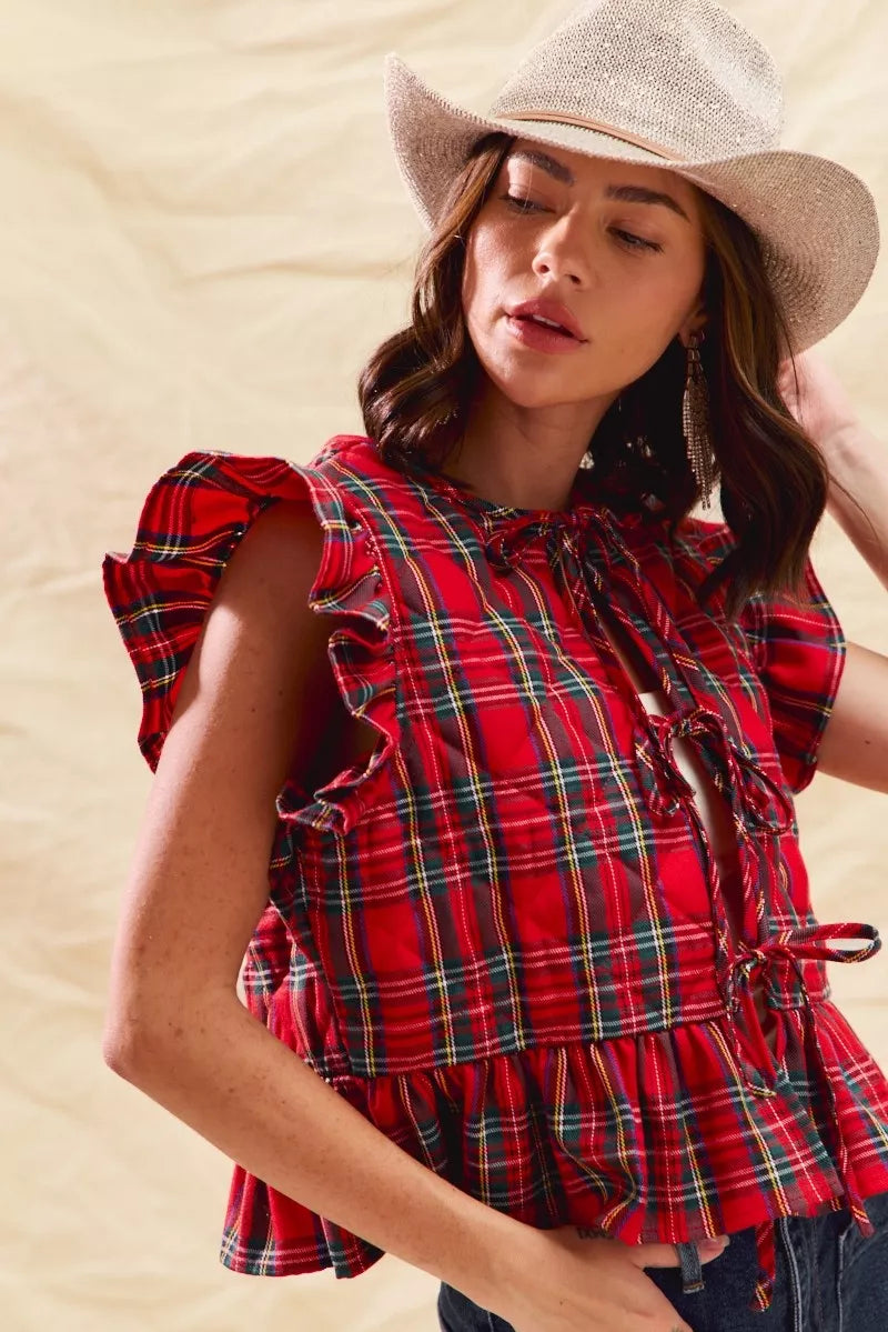 SO ME Christmas Holiday Plaid Ruffled Quilt Vest Top