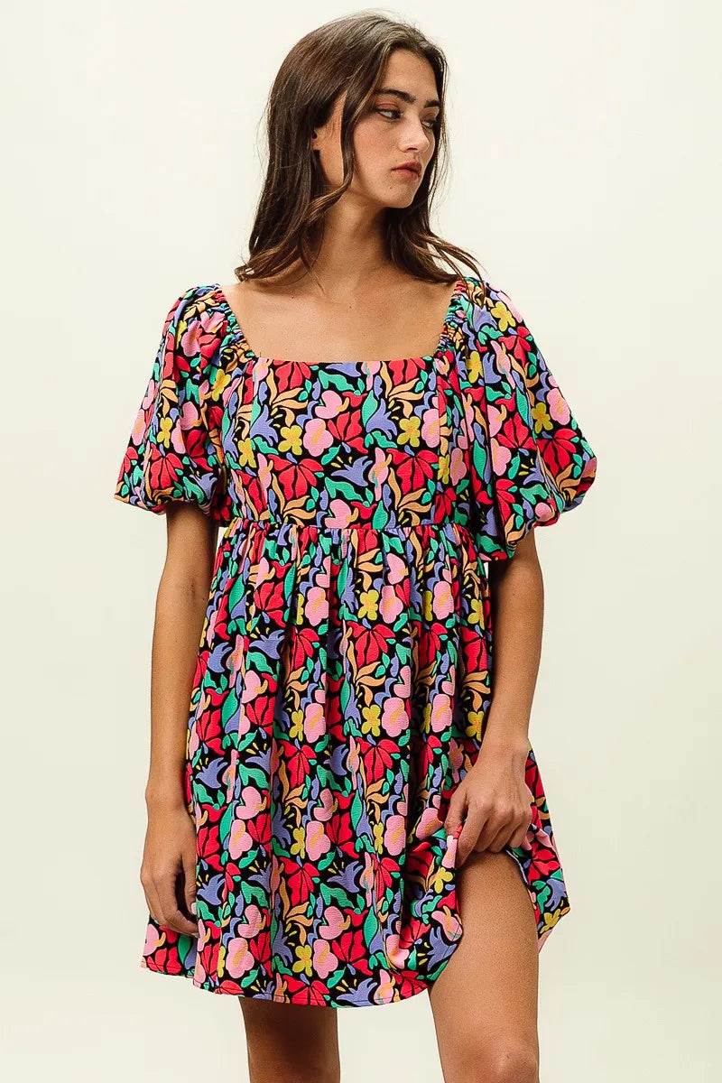 BiBi Floral Print Puff Square Neck Dress