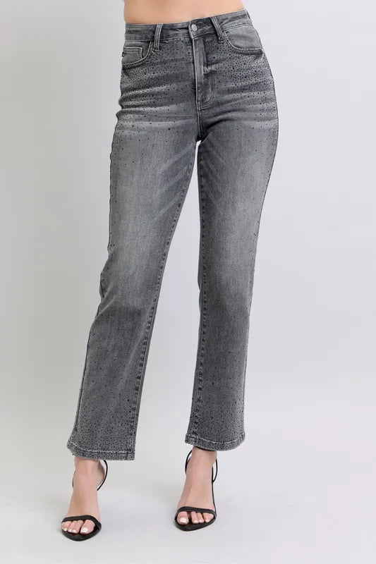 High Waist Rhinestone Straight Jeans