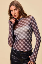 Plaid Mesh Knit Top with Thumb Opening