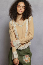 POL Floral Patch V-Neck Long Sleeve Ribbed Top