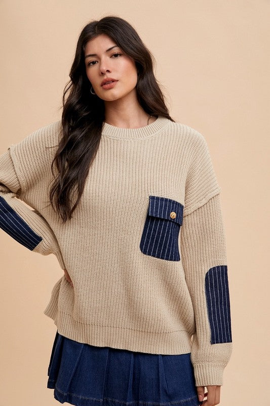 Contrast Round Neck Drop Shoulder Sweater