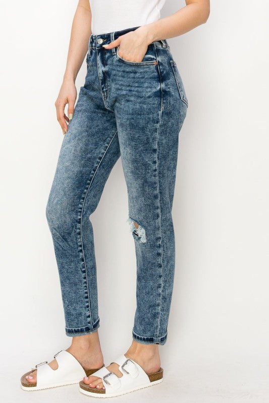 High Rise Stretch Distressed Mom Jeans