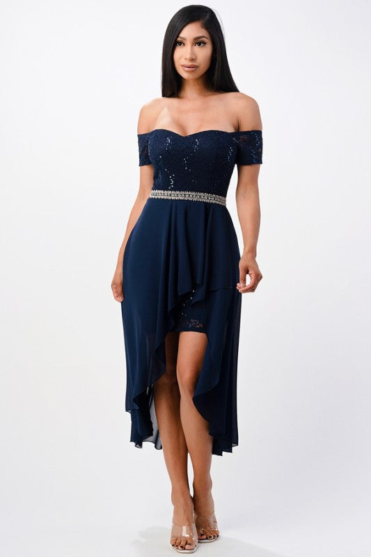 Embellished Waist High-Low Cocktail Dress