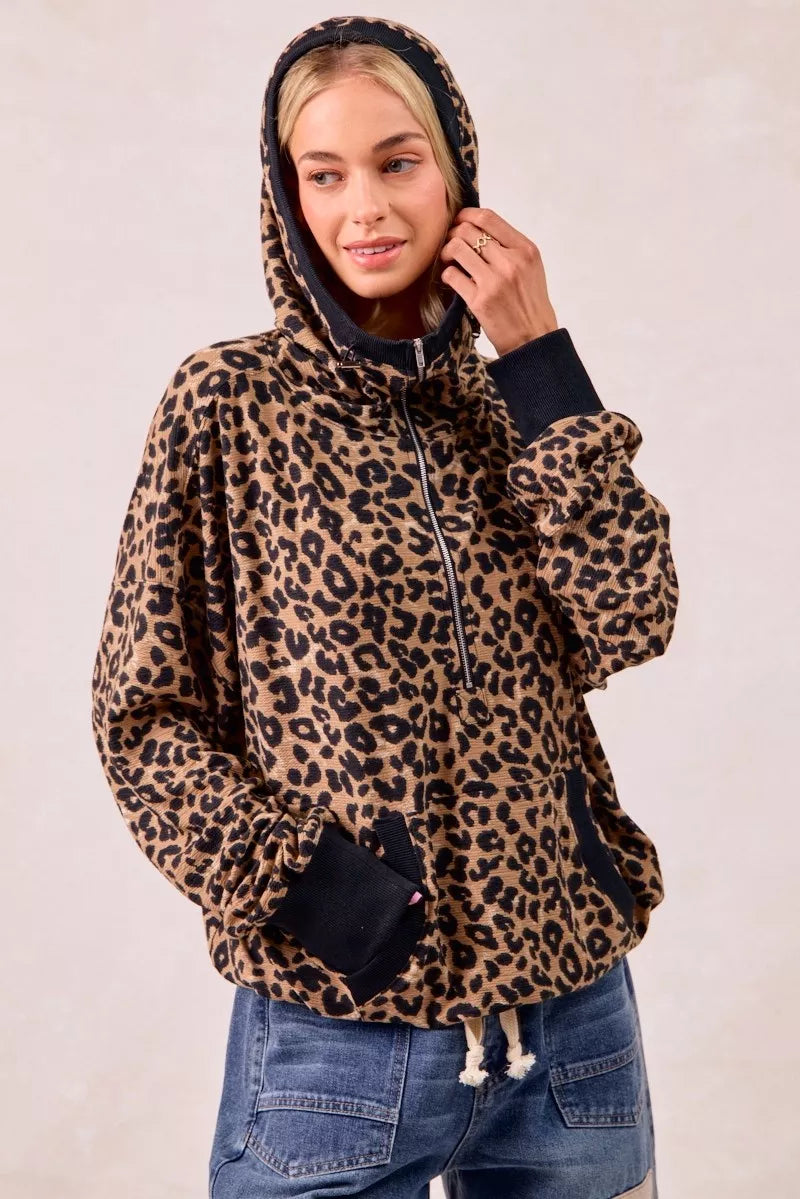 BiBi Leopard Print Waffle Half Zip Up Hoodie W Pocket