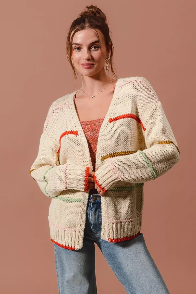 Loose Fit Multi Stripe Open Front Cardigan