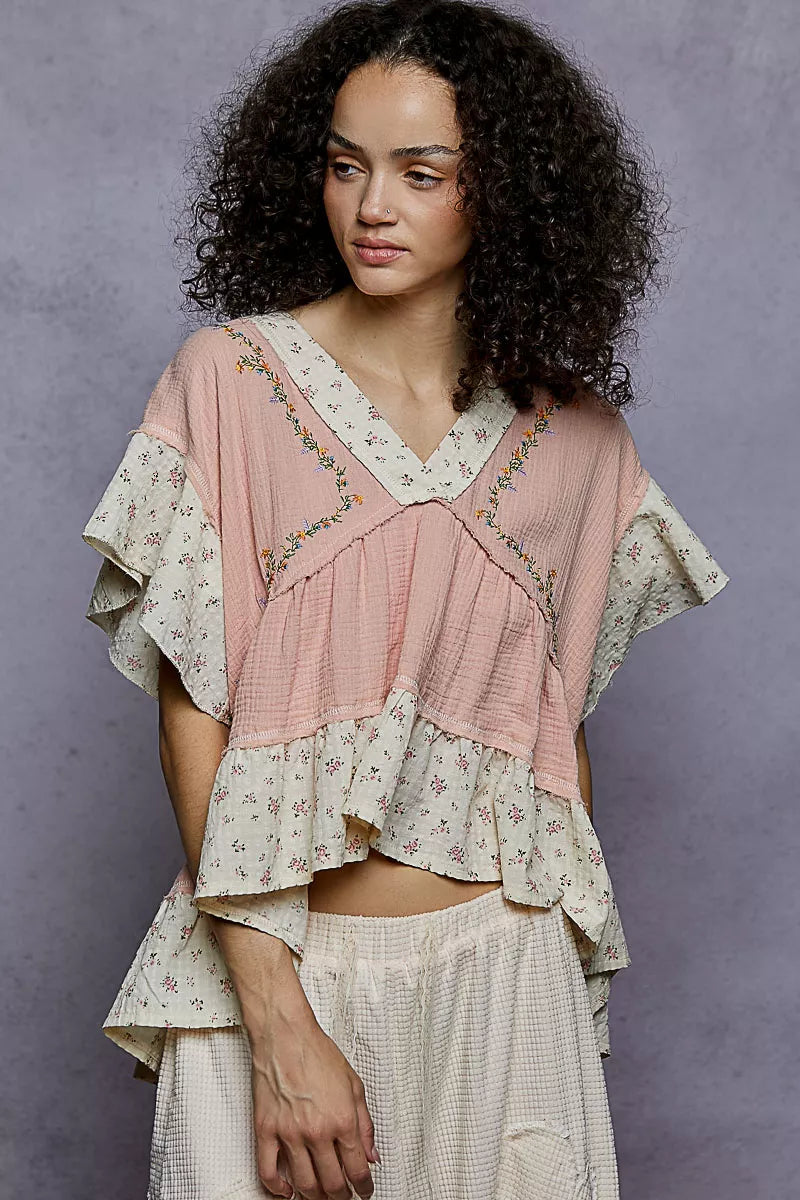 POL Floral V-Neck Short Sleeve Ruffled Double Gauze Blouse with Embroidery Detail