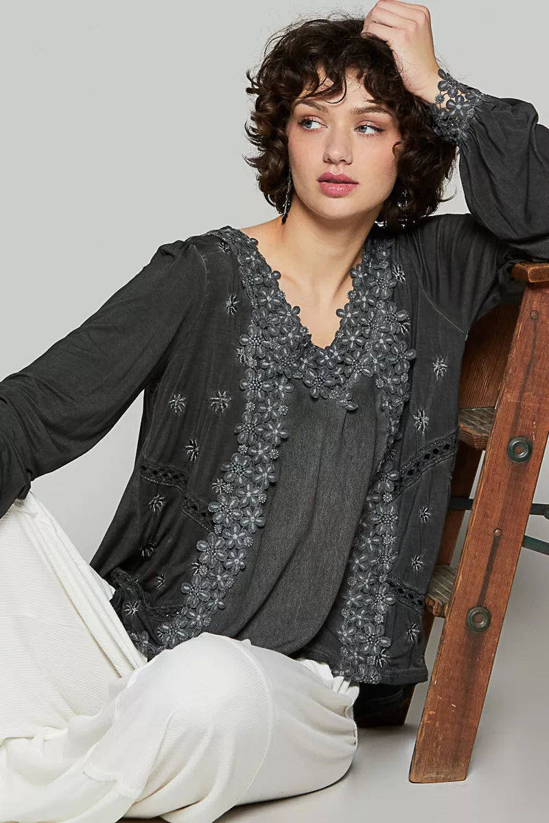 Floral Embroidery Woven Top with Lace Trim