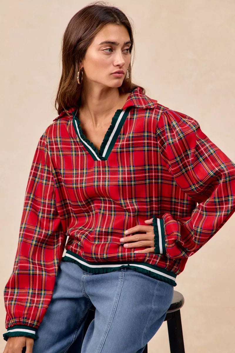BiBi Christmas Plaid Collared Top with Ruffled Detail