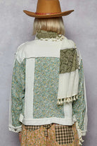 POL Button Down Patchwork Denim Jacket with Floral Print Details
