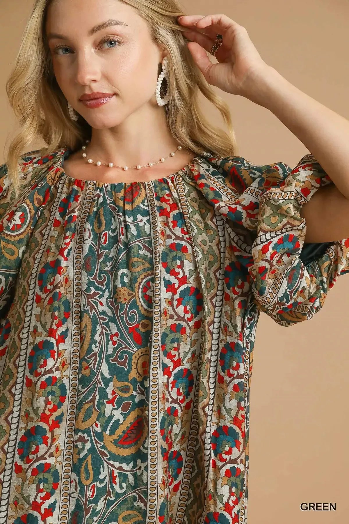 Boho Floral Stripe Puff Sleeve Blouse