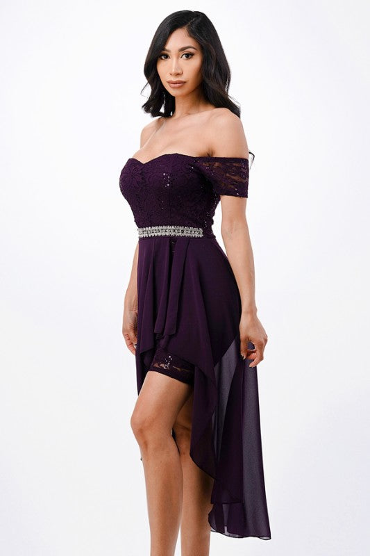 Embellished Waist High-Low Cocktail Dress