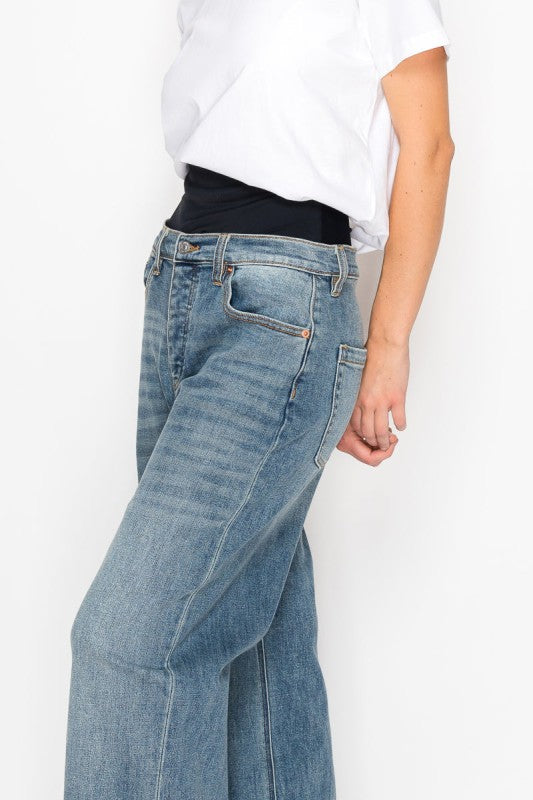 Adjustable Hem Knit Band Wide Leg Jeans