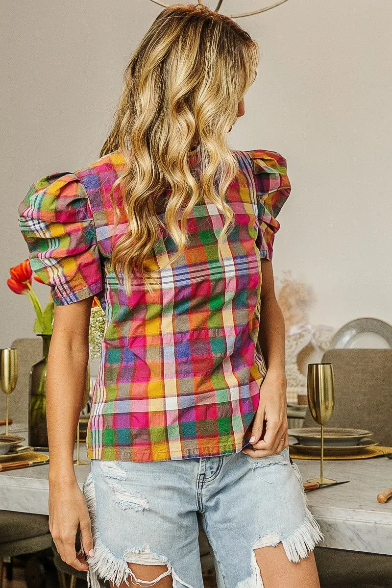 BiBi Short Puff Sleeve Washed Vintage Plaid Top