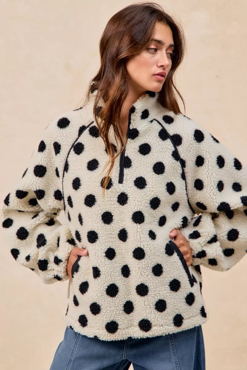 Polka Dot Sherpa Half Zip Up Top