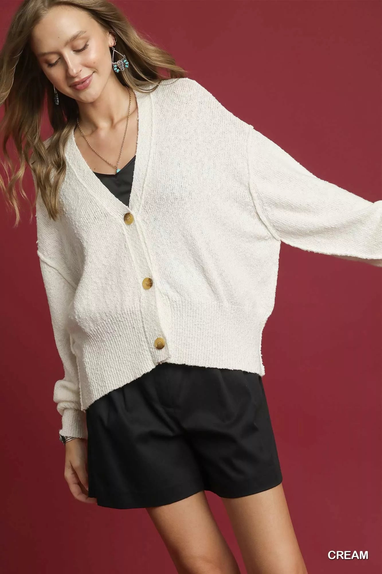 Button-Front V-Neck Knit Cardigan