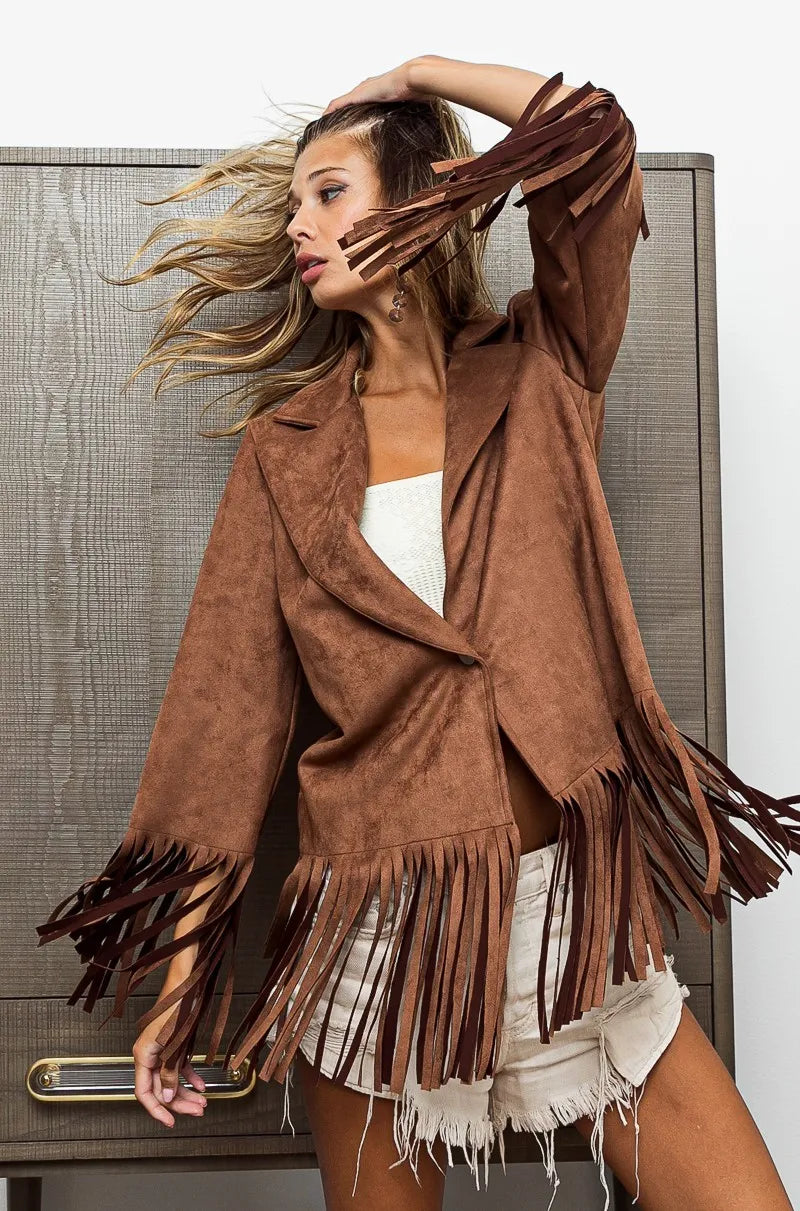 Faux Suede Blazer with Fringed Hem