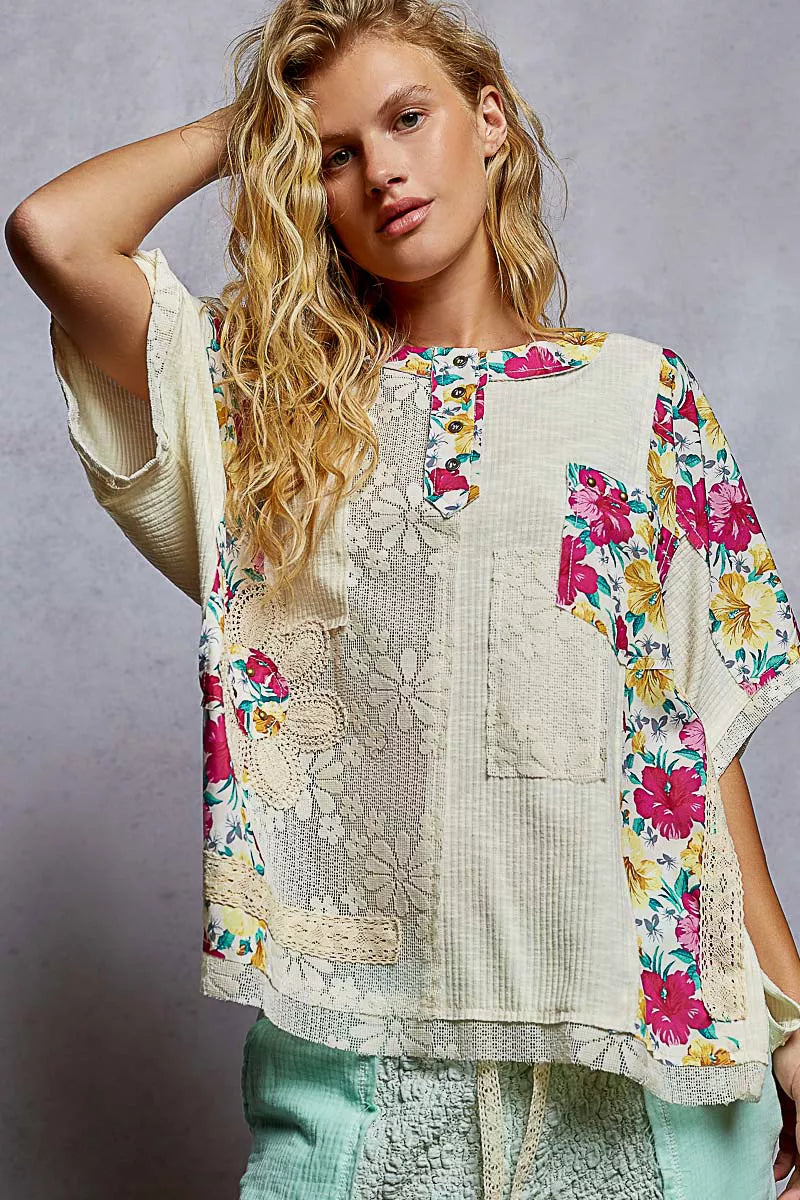 Lace Floral Pattern Top with Patch Detail