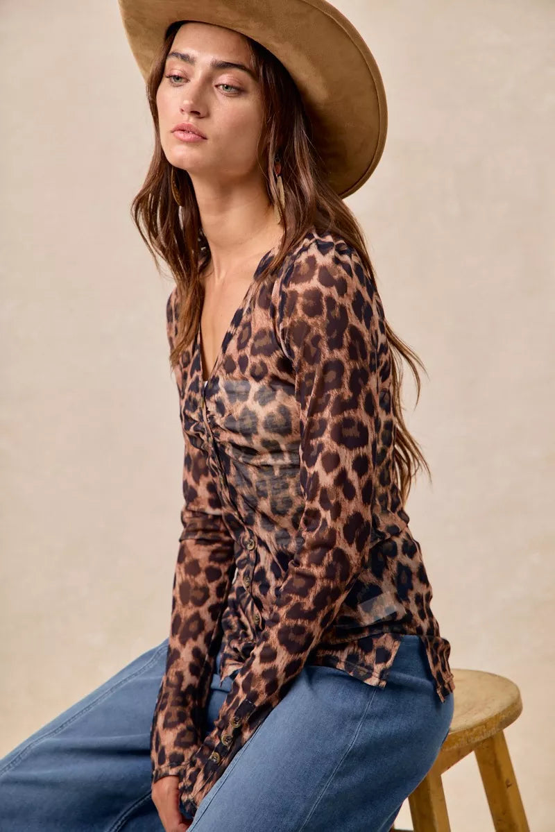 Leopard Printed Mesh Button Up Shirt