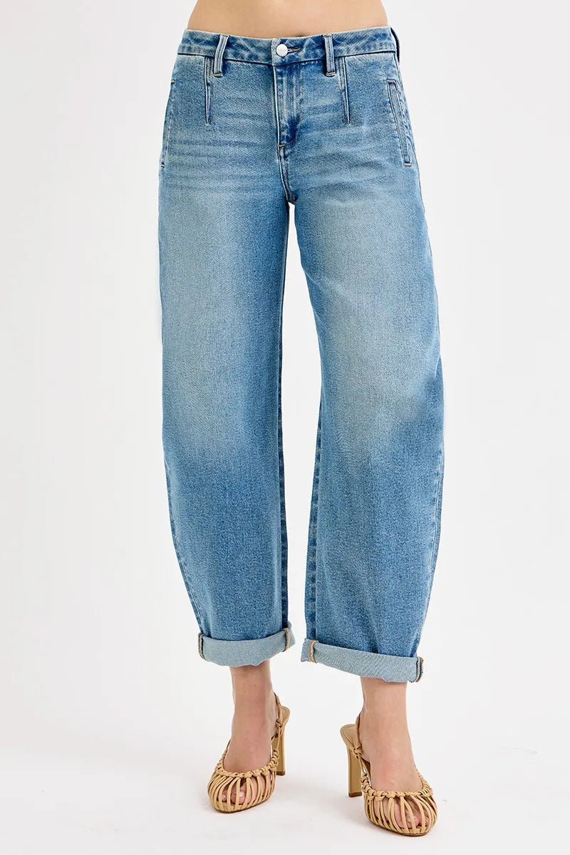 Mid Rise Barrel Roll Up Jeans
