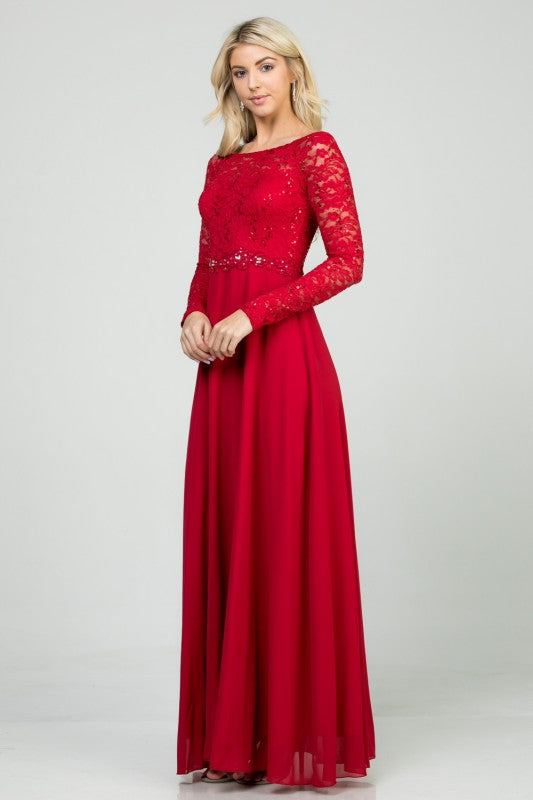 Lace Bodice A-Line Full-Length Dress