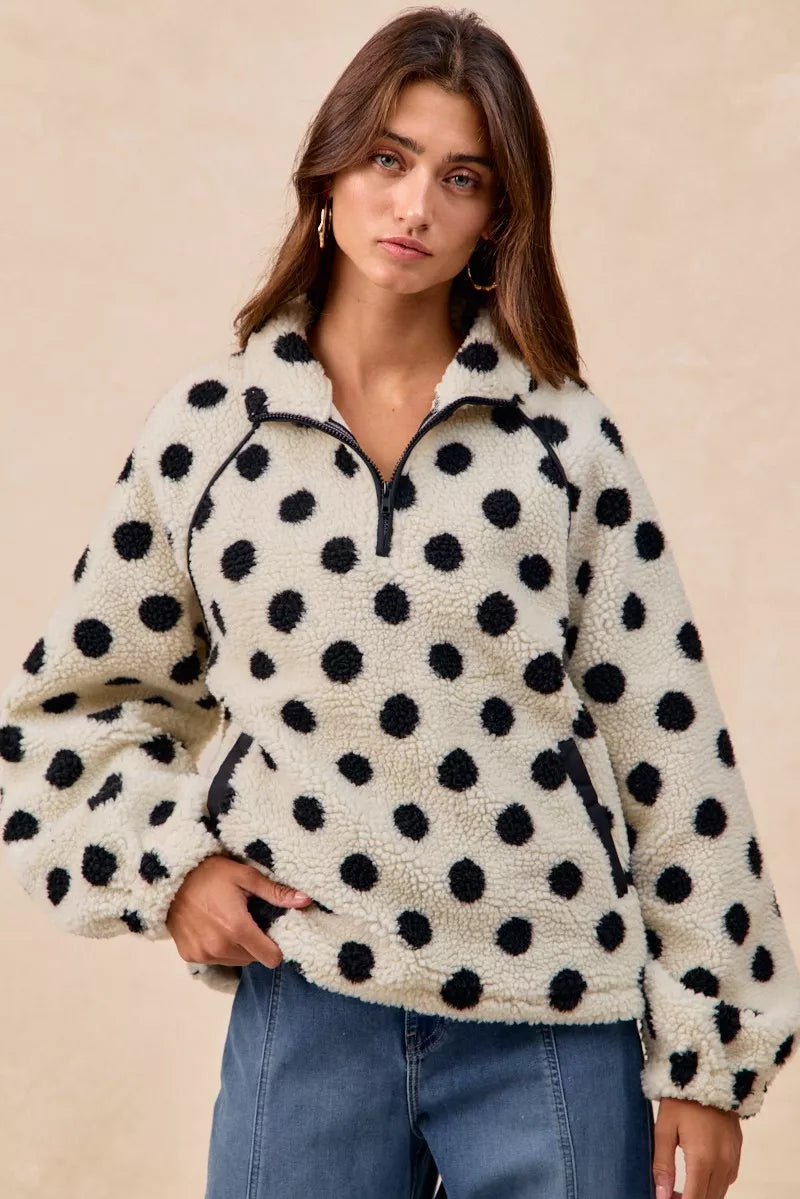 Polka Dot Sherpa Half Zip Up Top